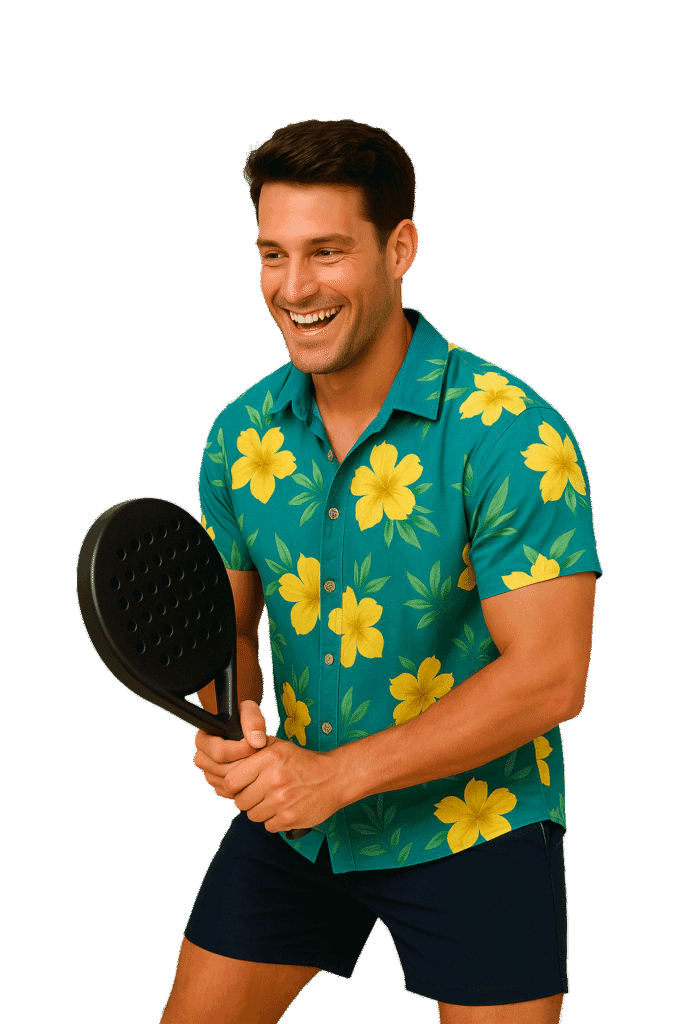 Padelspieler beim Padel Tennis spielen mit Hawaiihemd