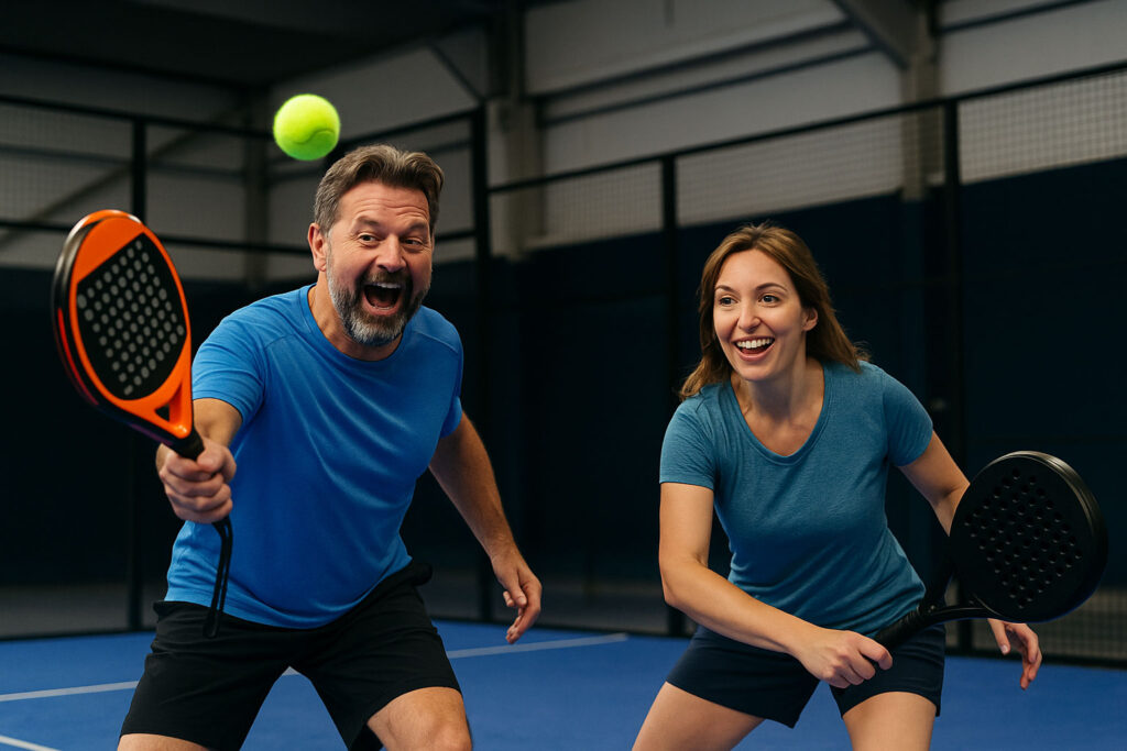 2 Padel Tennis spieler, haben Spaß am Spiel in der Padeltennis-Halle