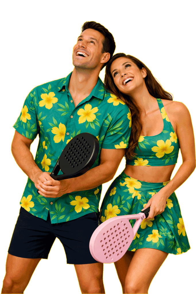 Fröhliches Paar mit Urlaubsoutfit und Padel Schläger in der Padel Halle