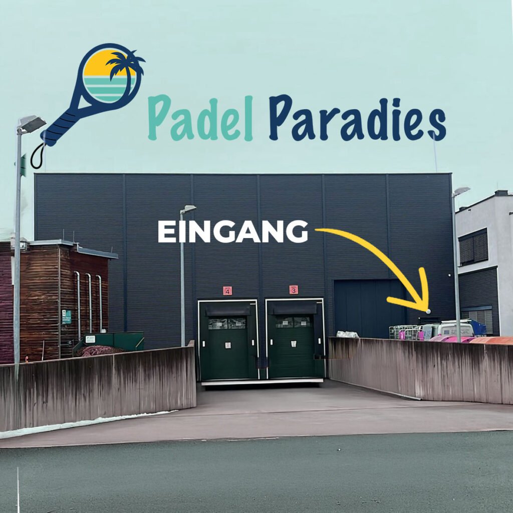 Padel Paradies Halle von außen und Kennzeichnung des Eingangs