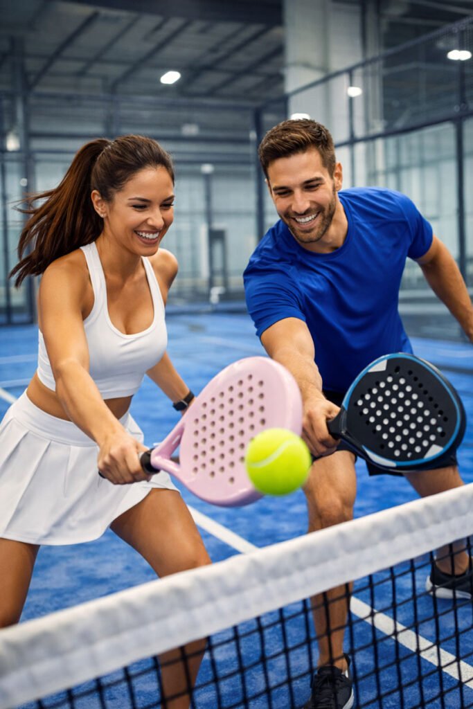 Ein junges Paar spielt Padel Tennis in der Indoor Padel Paradies Halle in Deutschlandsberg